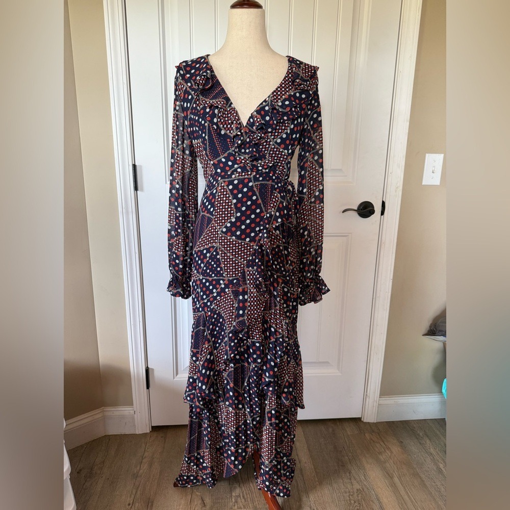 The Sang Navy Orange Polka Dot Patchwork Ruffle Maxi Dress Womens Small SDD30145